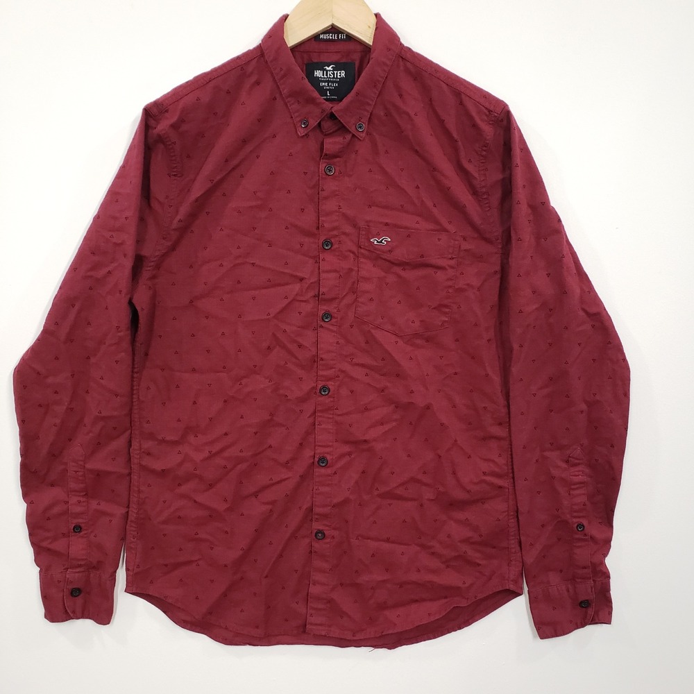 Hollister Button Down Shirt Mens Large Burgundy Red Epic Flex Muscle‎ Fit Preppy